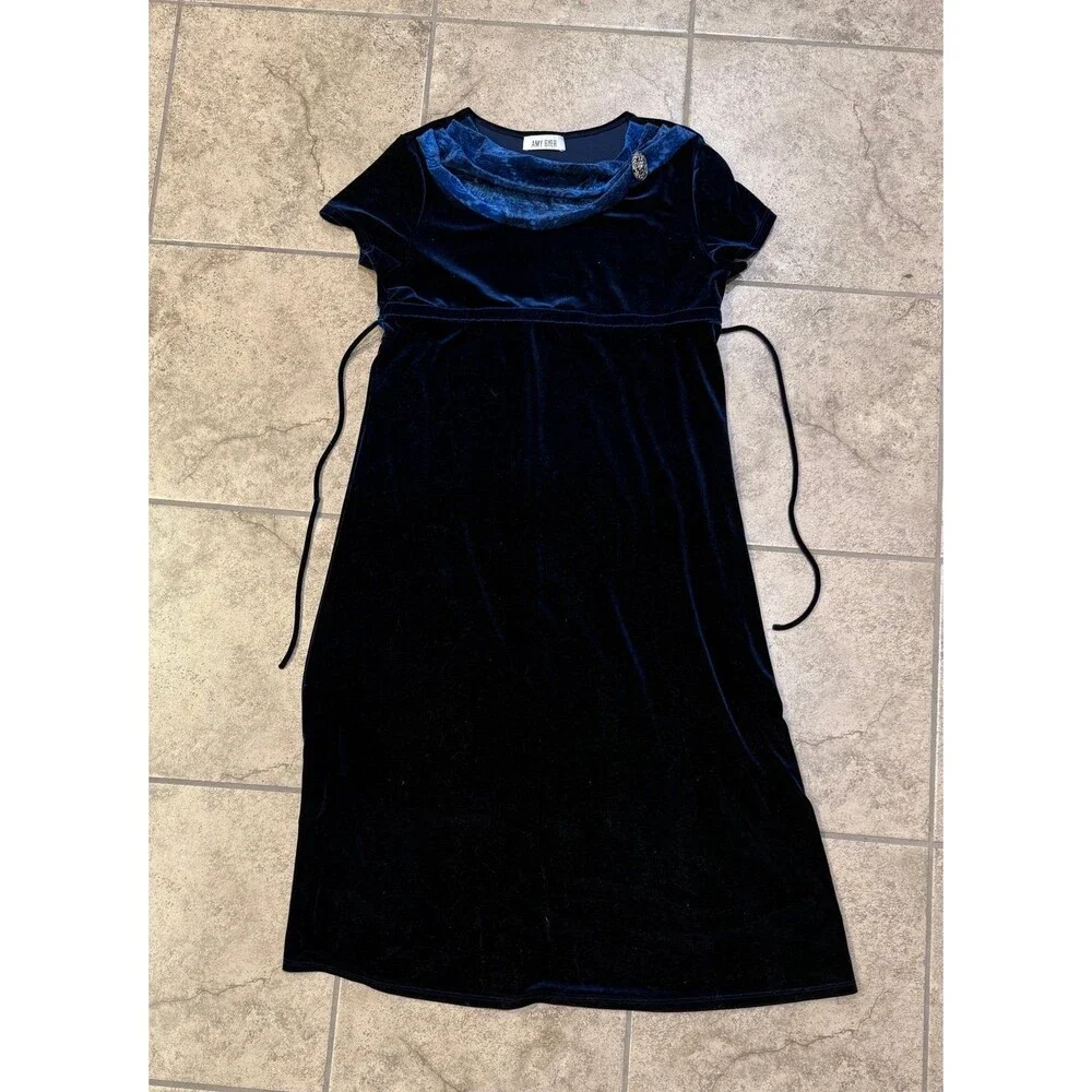 Vintage Amy Byer navy blue crushed velvet dress
